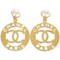 Chanel Gold Tone Faux Pearl x CC Jumbo Dangle Earrings Vintage Rare