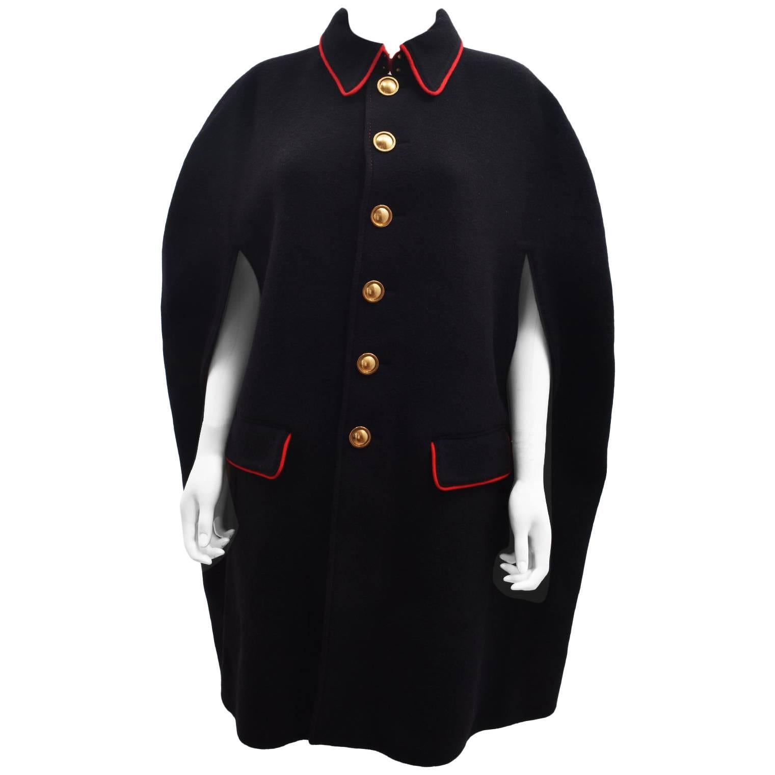 Burberry Black Wool Winter Cape with Red Piping and Brass Buttons