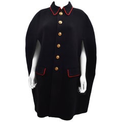Burberry Black Wool Winter Cape with Red Piping and Brass Buttons