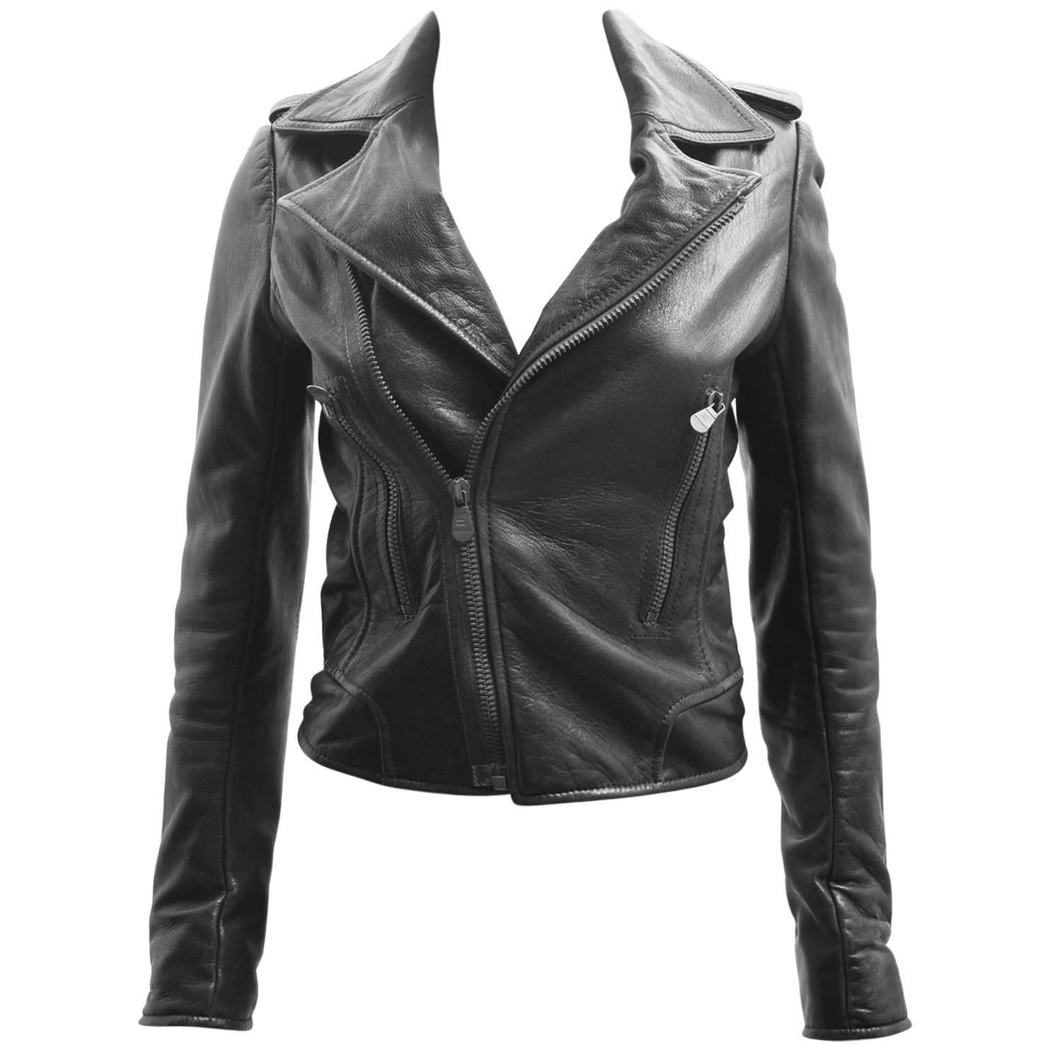Balenciaga Black Leather Cropped Biker Jacket