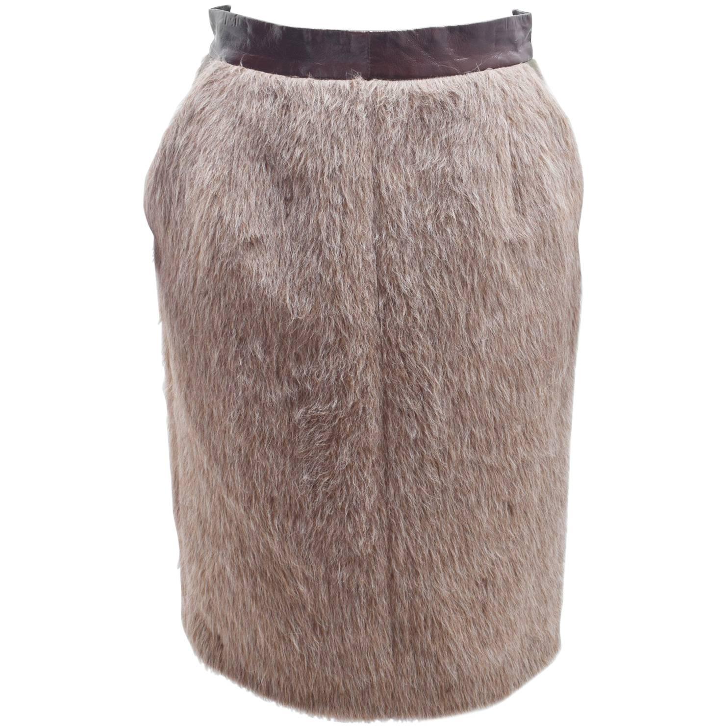 Celine Camel Faux Fur Skirt with Maroon Patent Leather and Khaki Leather Pockets For Sale