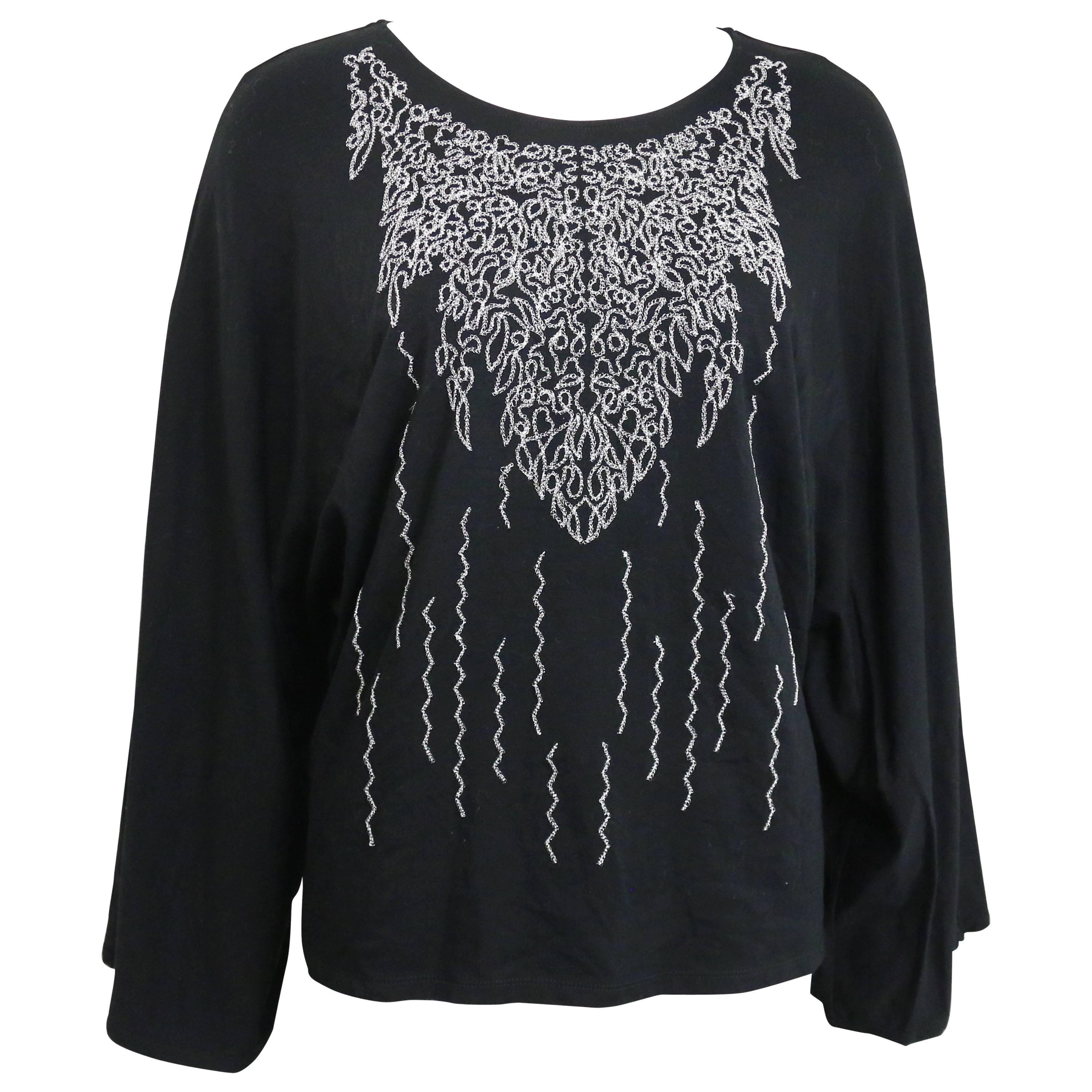 Issey Miyake Fete Black with Silver Embroidered Print Cocoon Long Sleeves Top  For Sale