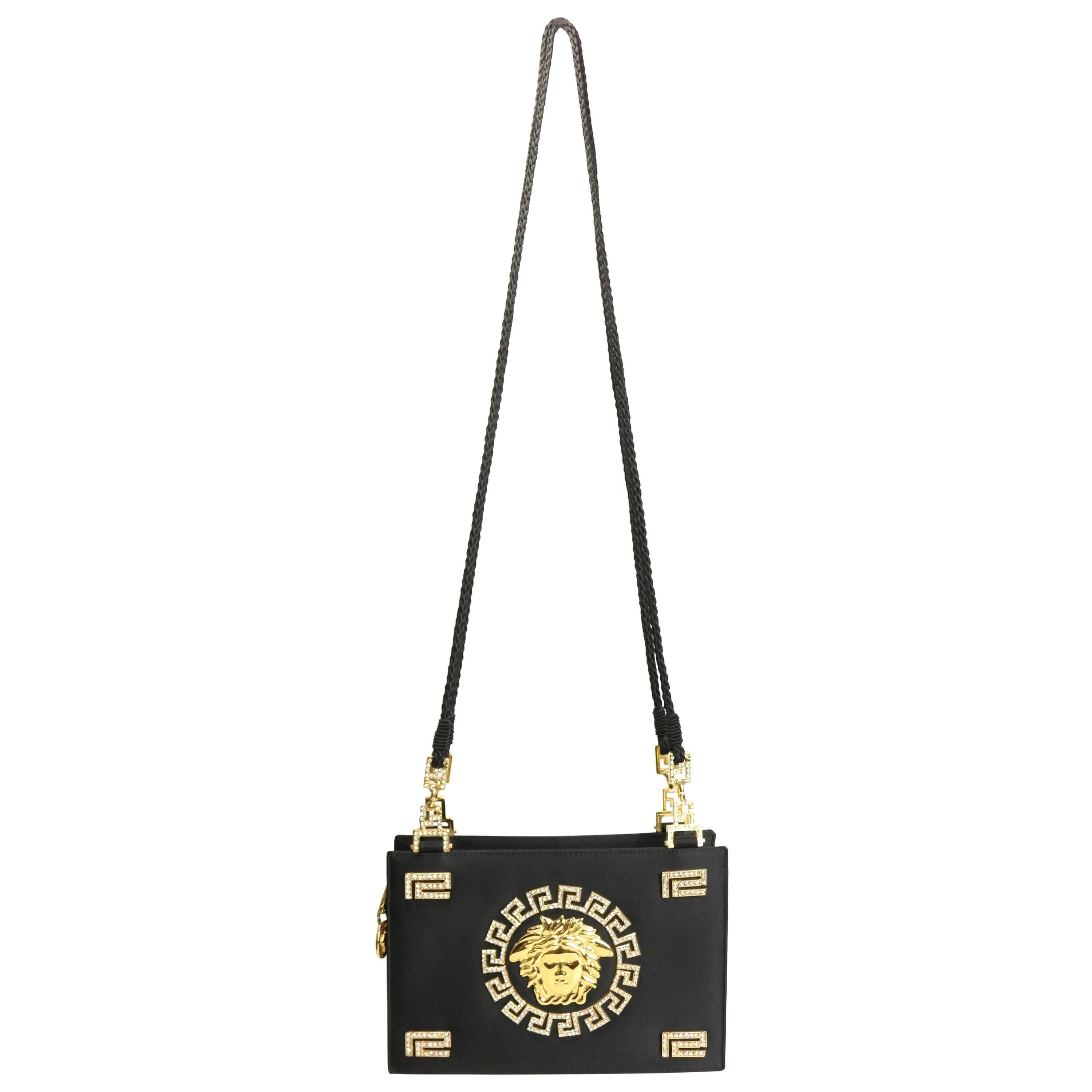 90s Gianni Versace Couture Black Satin Gold and Rhinestone Medusa Shoulder Bag For Sale