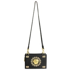 90s Gianni Versace Couture Black Satin Gold and Rhinestone Medusa Shoulder Bag