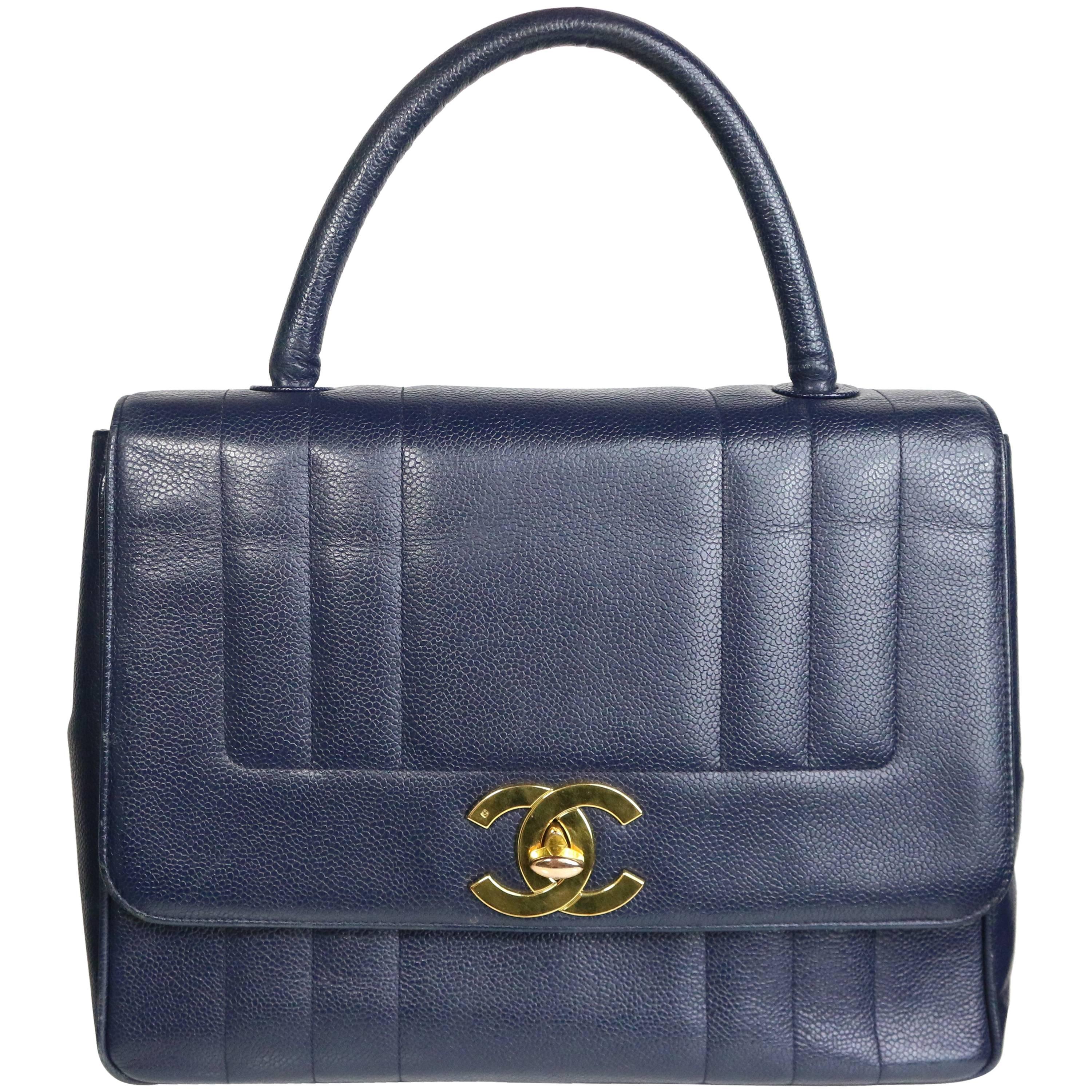 Chanel Classic Navy Blue Caviar Leather Flap Handbag