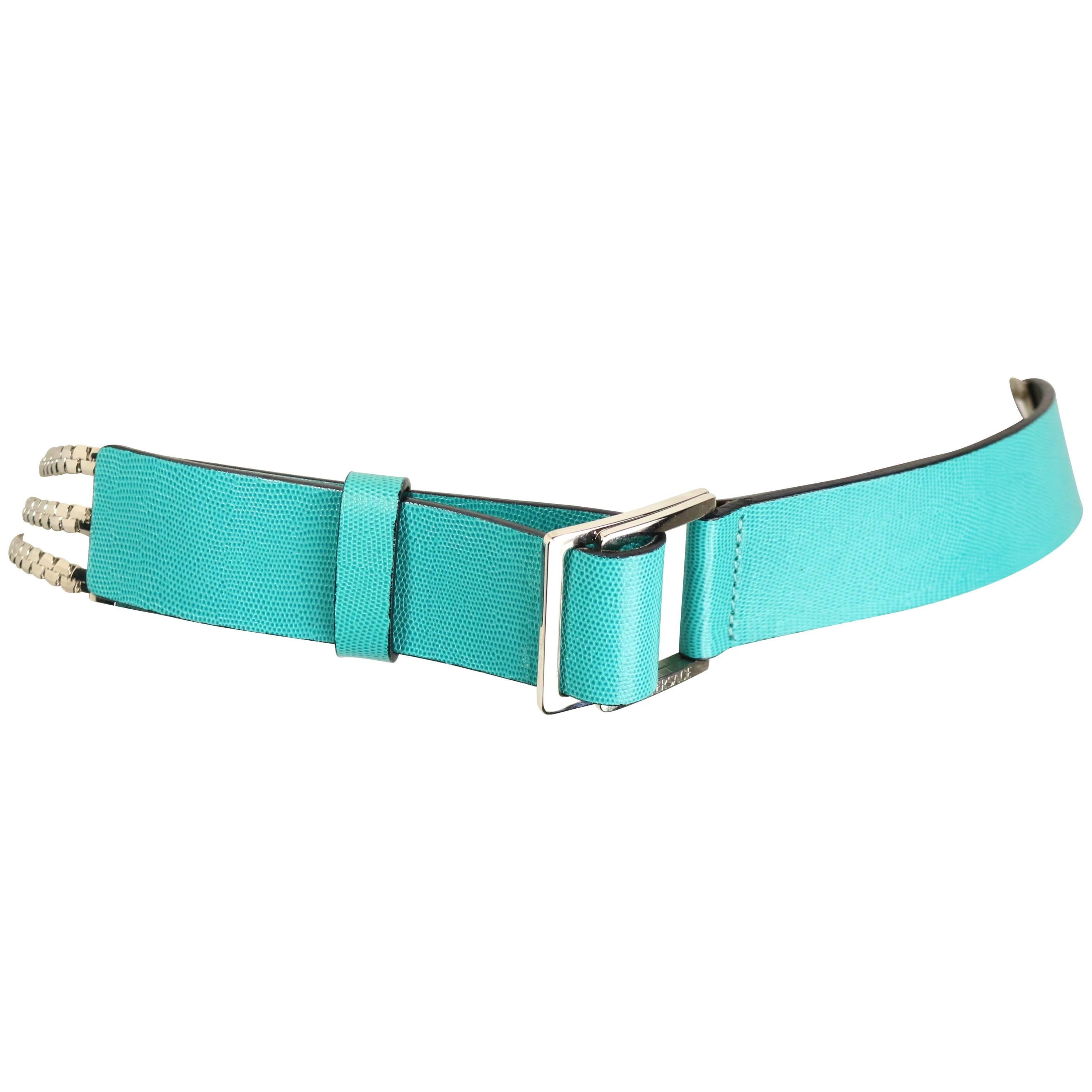 Gianni Versace Turquoise with Three Strand Silver Toned Hardware Chain Belt  For Sale