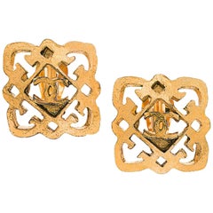 Chanel Gold Filigree Large Square Stud Evening Earrings in Box