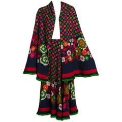 Vintage 1970s Lanvin Haute-Couture Multicolored Florals Wool Skirt & Shawl Set