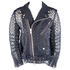 SACAI Size S Blue Embroidered Sheer Tafeta Ruffled Back Biker Jacket