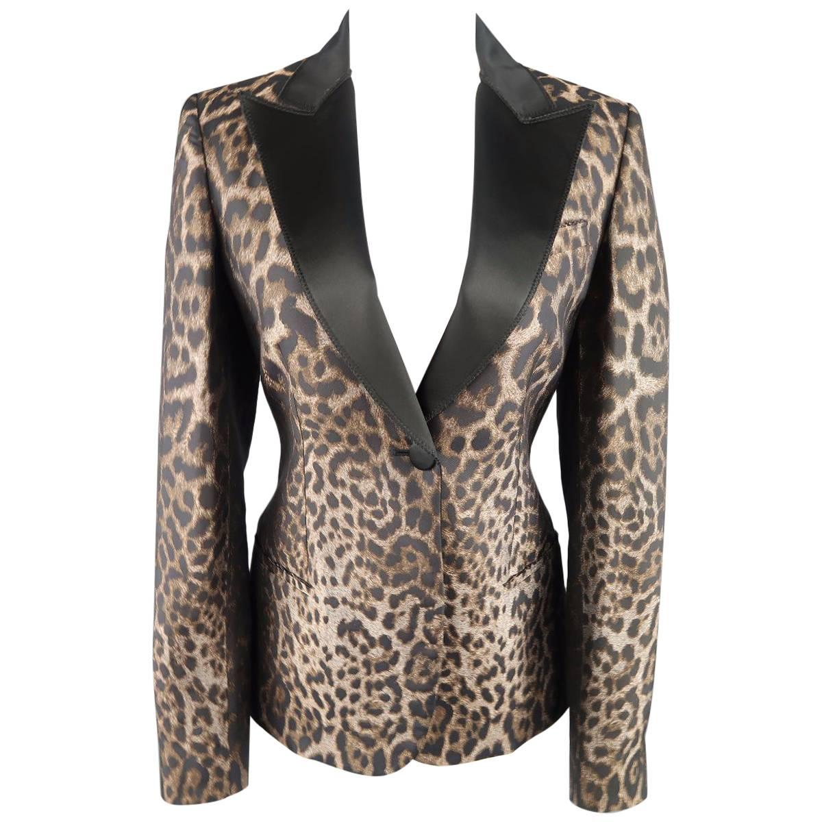 LANVIN Size 4 Beige Silk Blend Leopard Peak Lapel Single Button Tuxedo Jacket