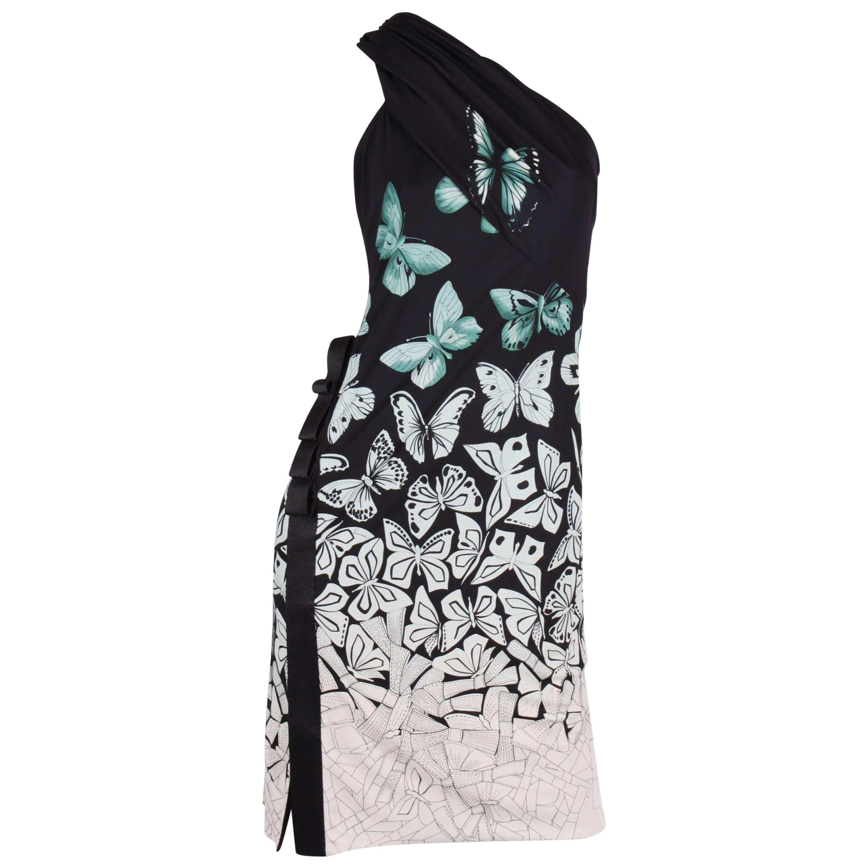 Versace One-Shoulder Butterfly Dress - scarf - black/green/white