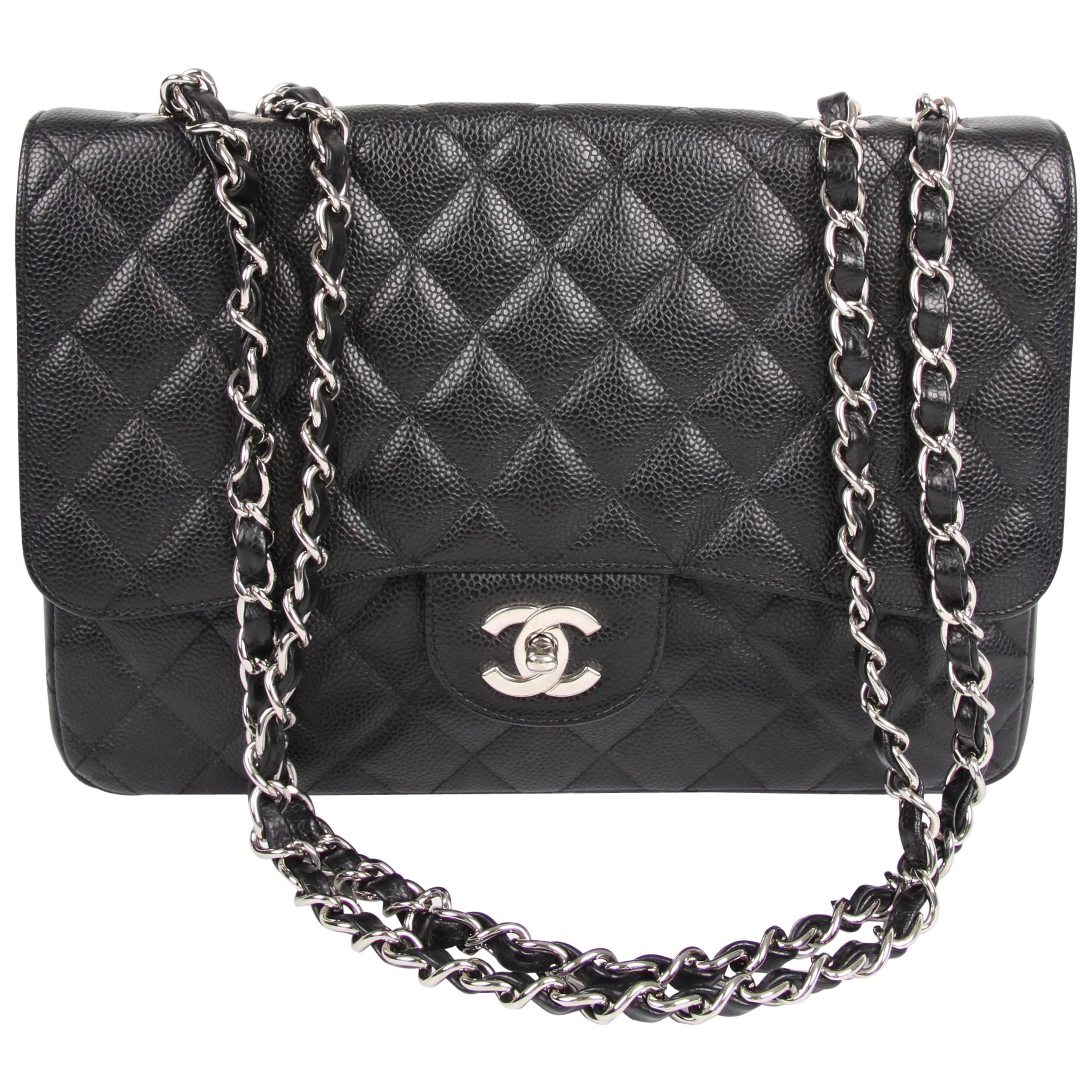 Chanel 2.55 Timeless Jumbo Single Flap Bag - black caviar leather/silver