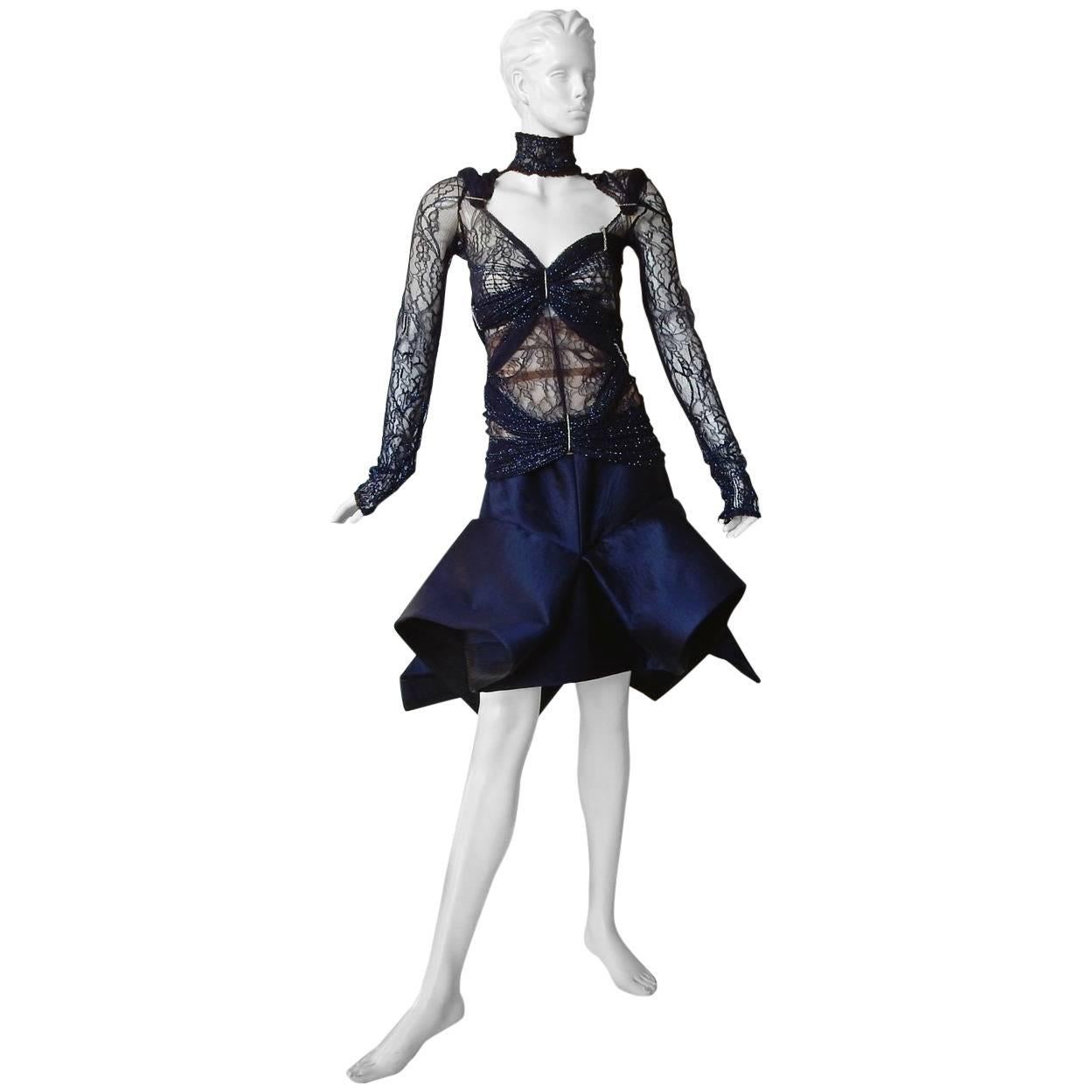  Gianfranco Ferre Favorite Avant Garde Beaded Blue Evening Dress   NEW For Sale