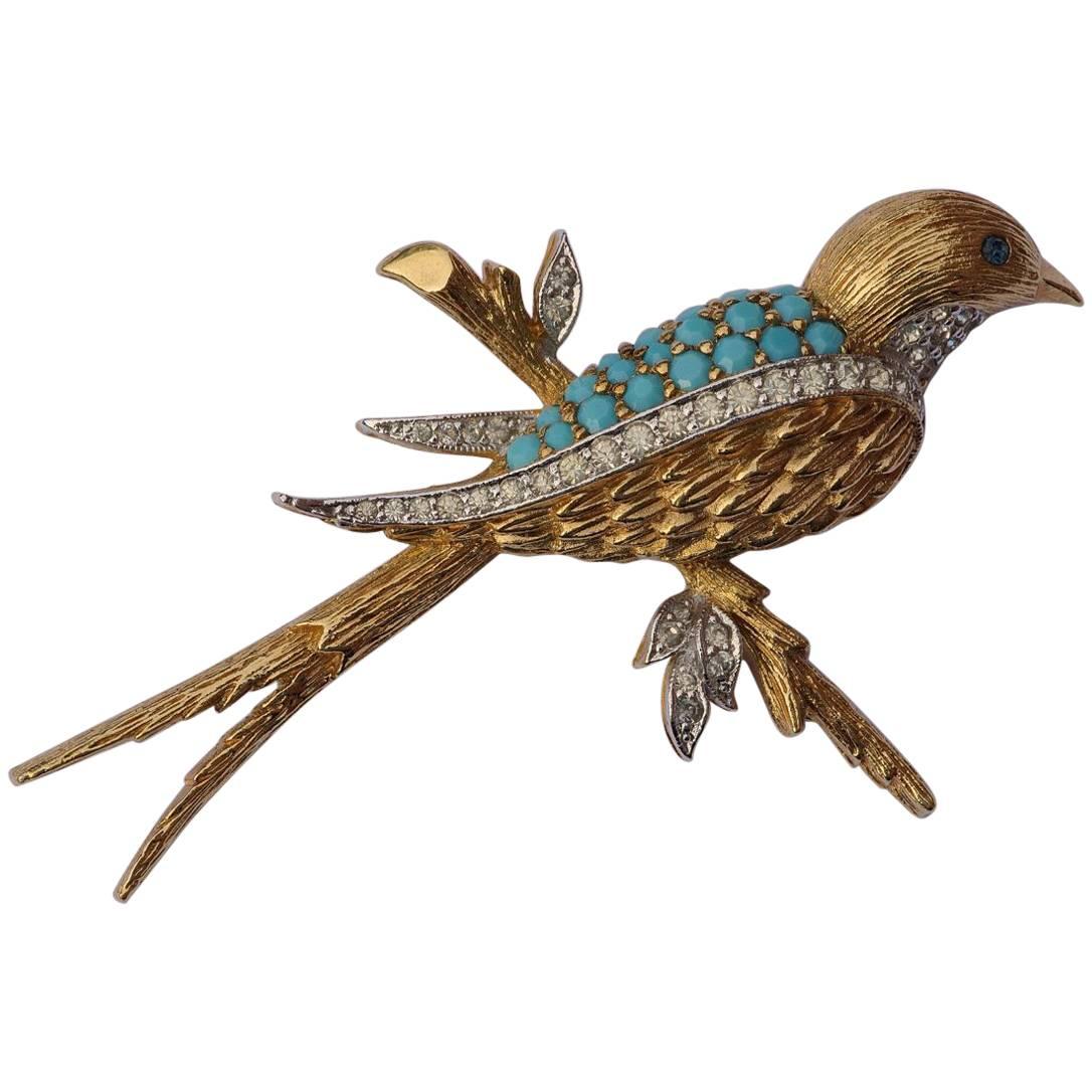 Panetta Turquoise Glass Rhinestone Bird Brooch