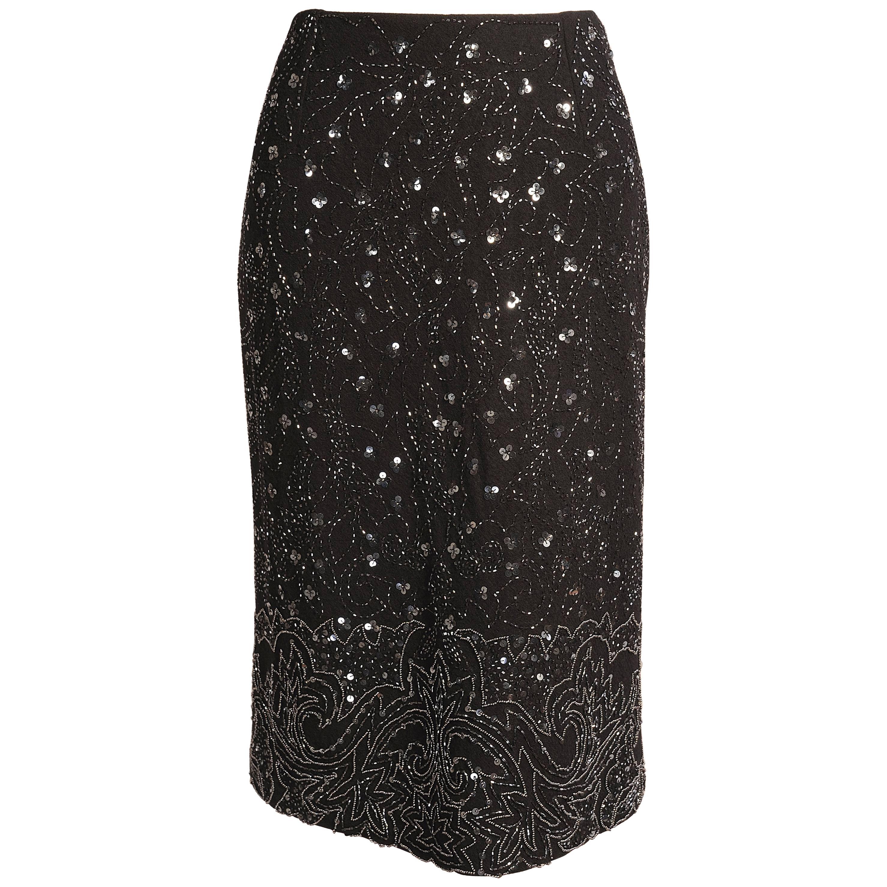 Dolce & Gabbana Beaded Black Wool Pencil Skirt