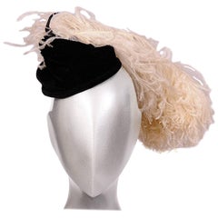 Vintage 1940's Black Velvet Cocktail Hat with Ostrich Feather Saks Fifth Ave.