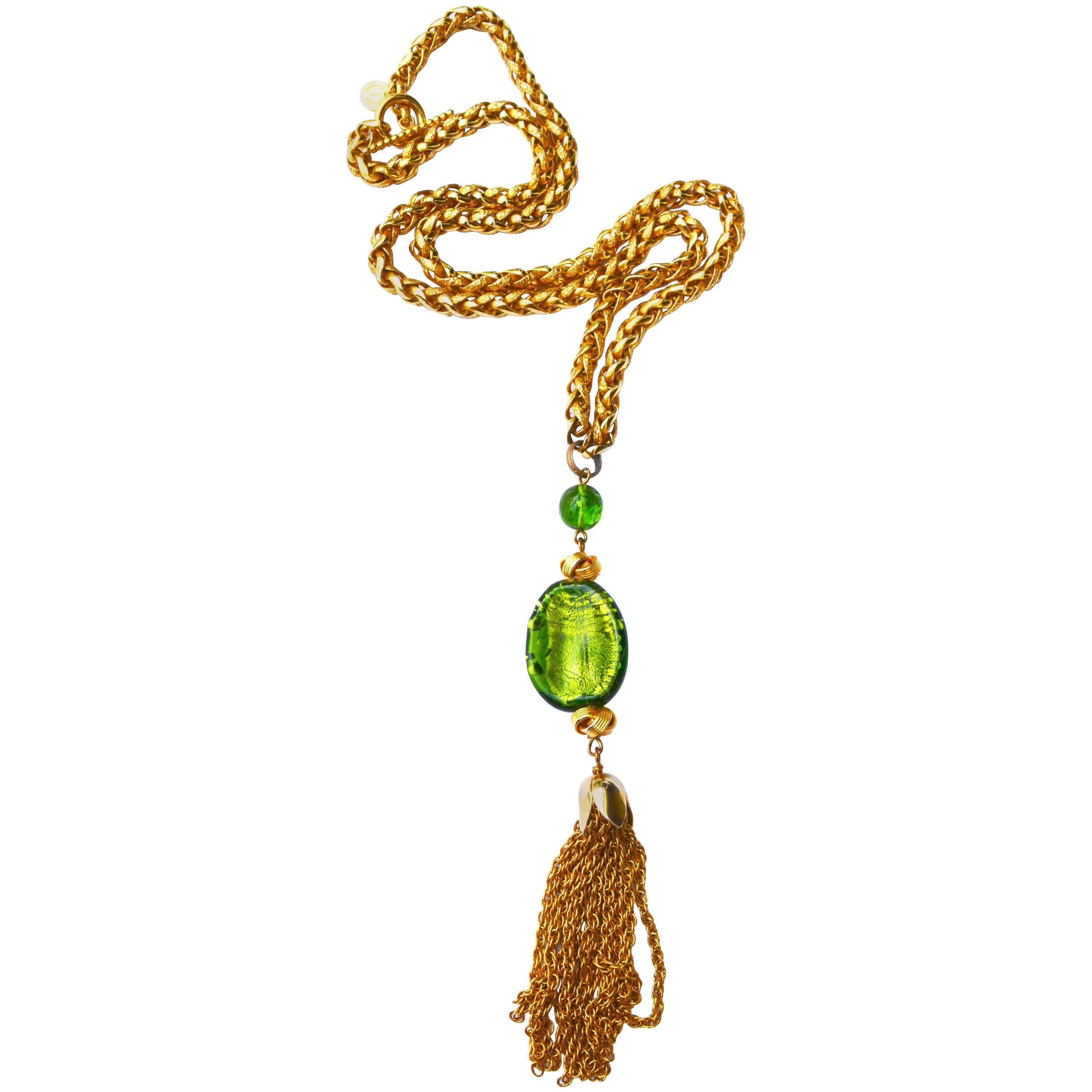Dominique Aurientis Citris Green Glass Tassel Necklace For Sale