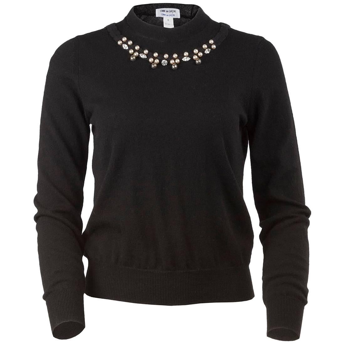 Comme des Garçons Pearl and Crystal Embellished Black Mock Neck Sweater