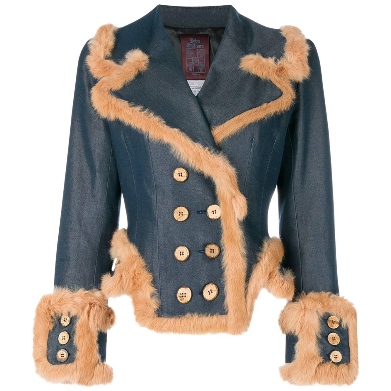 1990s JOHN GALLIANO  double-breasted denim jacket fur trim For Sale