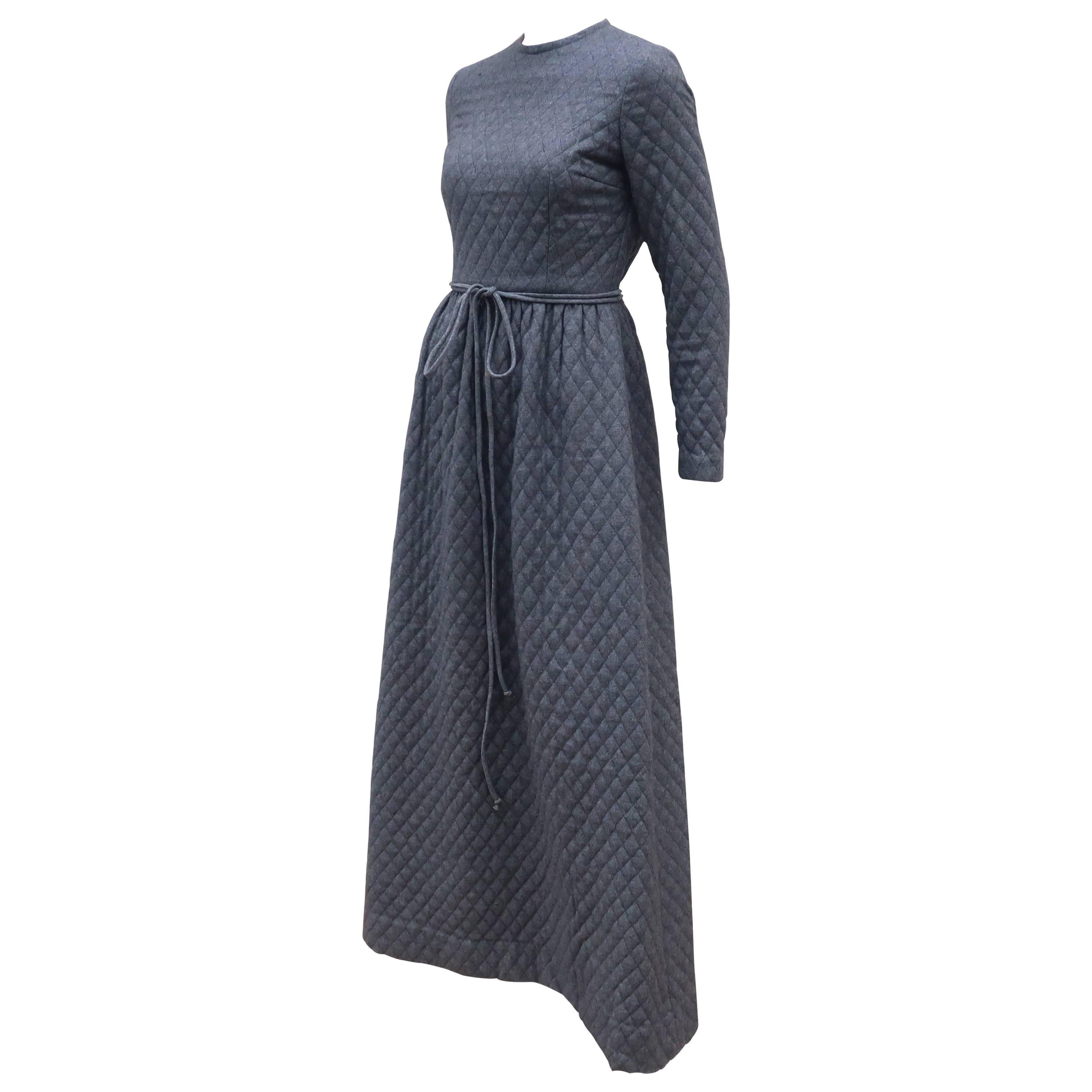 Anne Fogarty Quilted Charcoal Gray Hostess Dress, C.1970