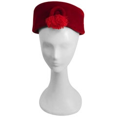 1960s Red Velvet Pillbox Hat w/ Tassel