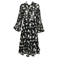  1970s SAINT LAURENT Black Daisy Print Silk Blouse and Skirt ensemble 