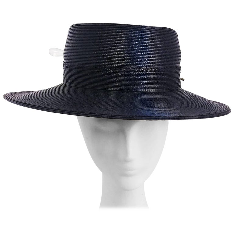 1980s Woven Large Brim Flat Top Hat w/ Hat Pin at 1stdibs