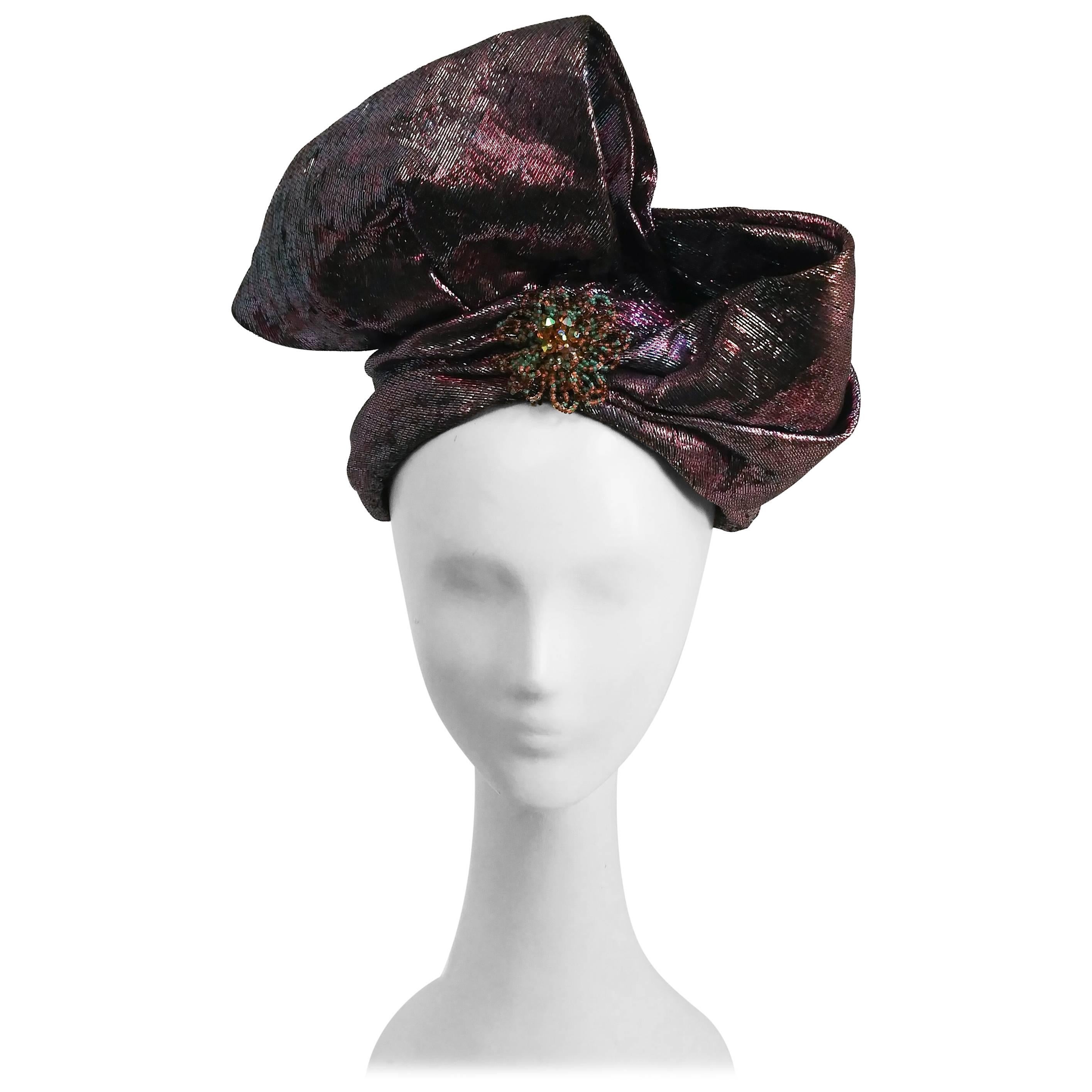 1980s Metallic Pink/Purple Wrapped Turban Hat w/ Bow  