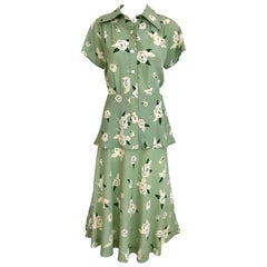 GUY LAROCHE 1970s Floral Print Light Green Rayon Blouse Skirt Ensemble 