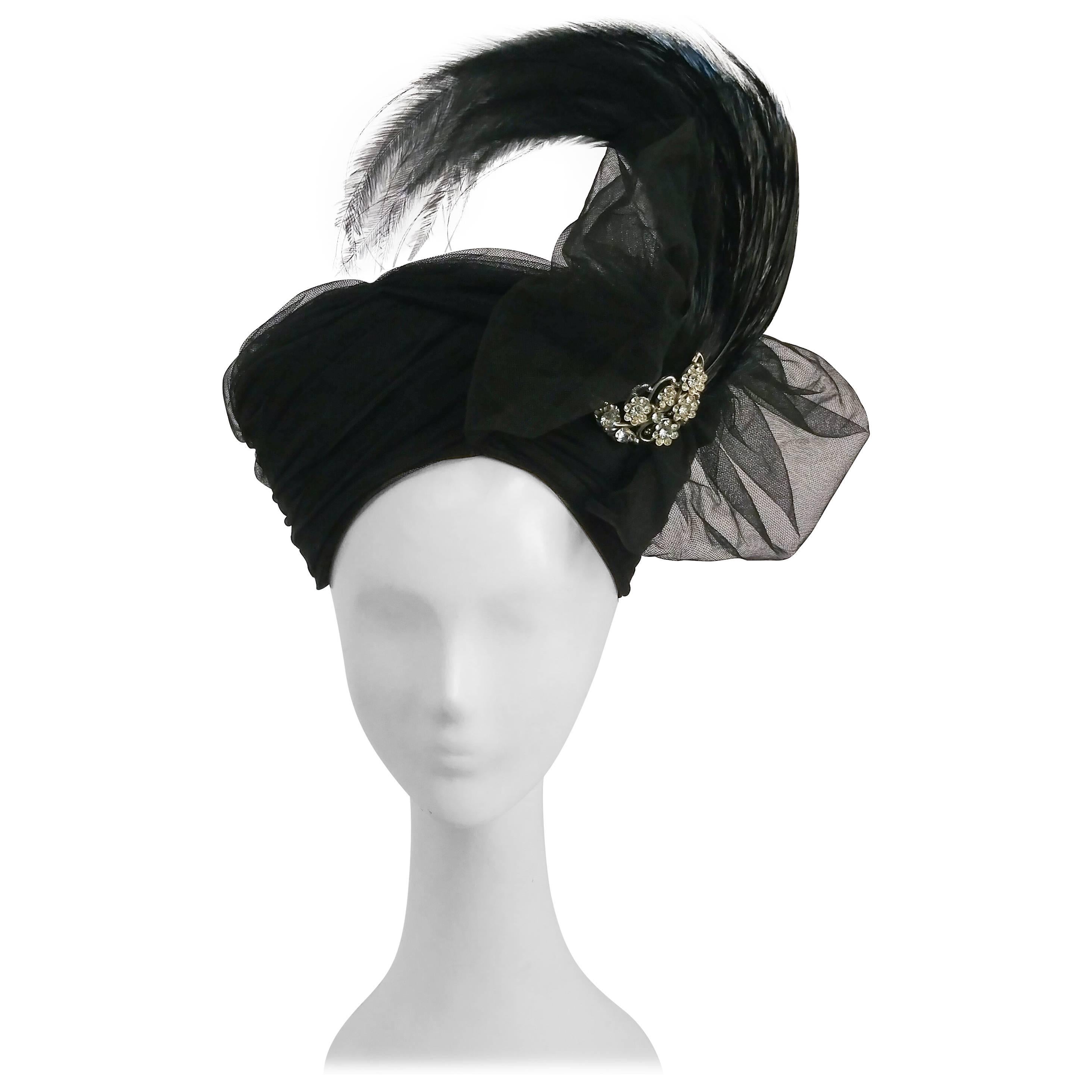 1980s Tulle Turban w/ & Rhinestone Brooch