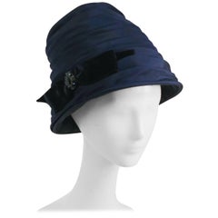 1960s Navy Blue Ruched Cloche