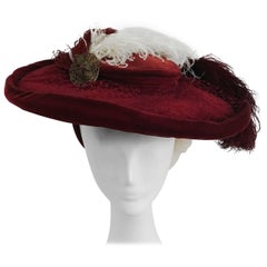 1940s Red Bordeaux Velvet Hat w/ Ostrich Feathers