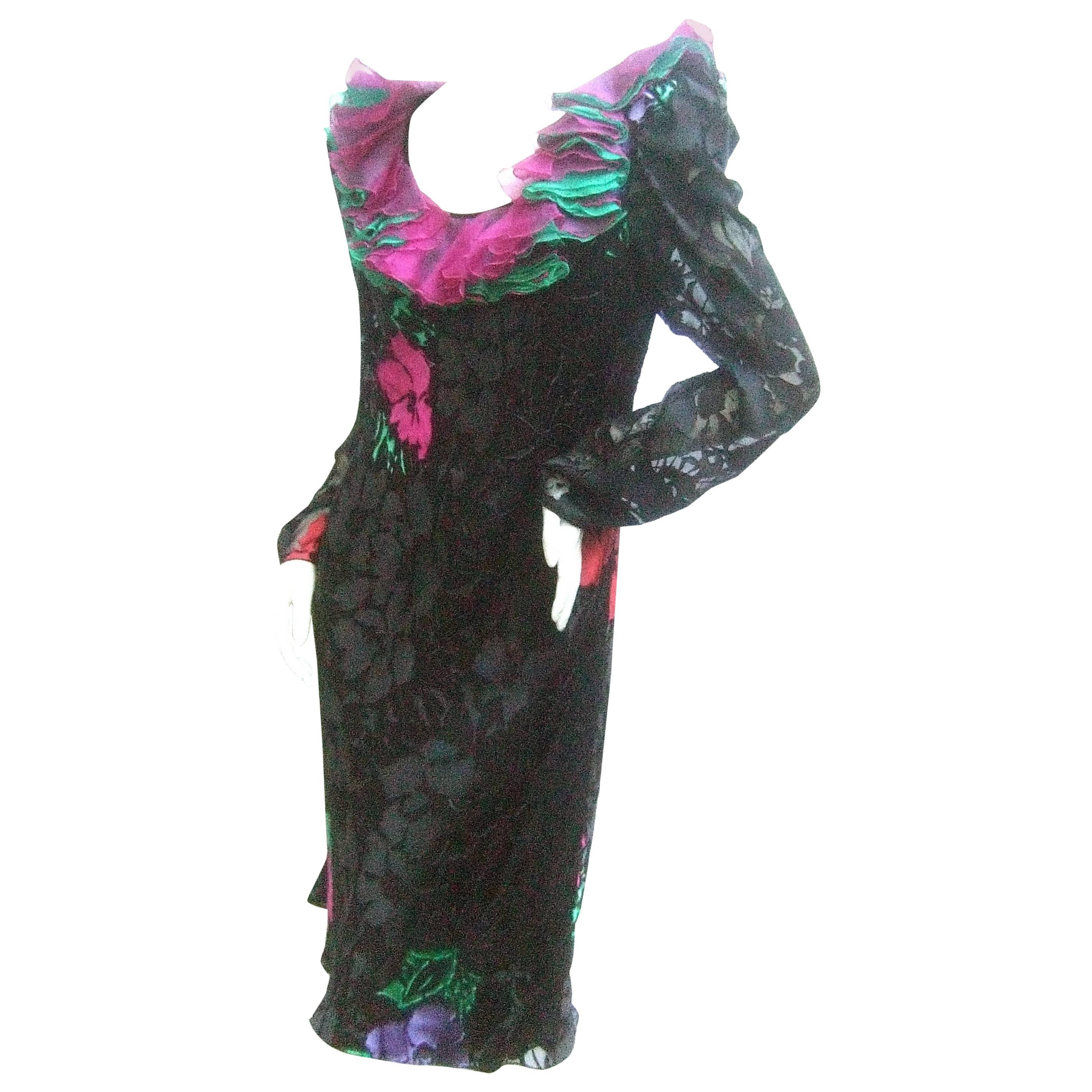 Judy Hornby Couture Black Silk Floral Burnout Dress c 1990