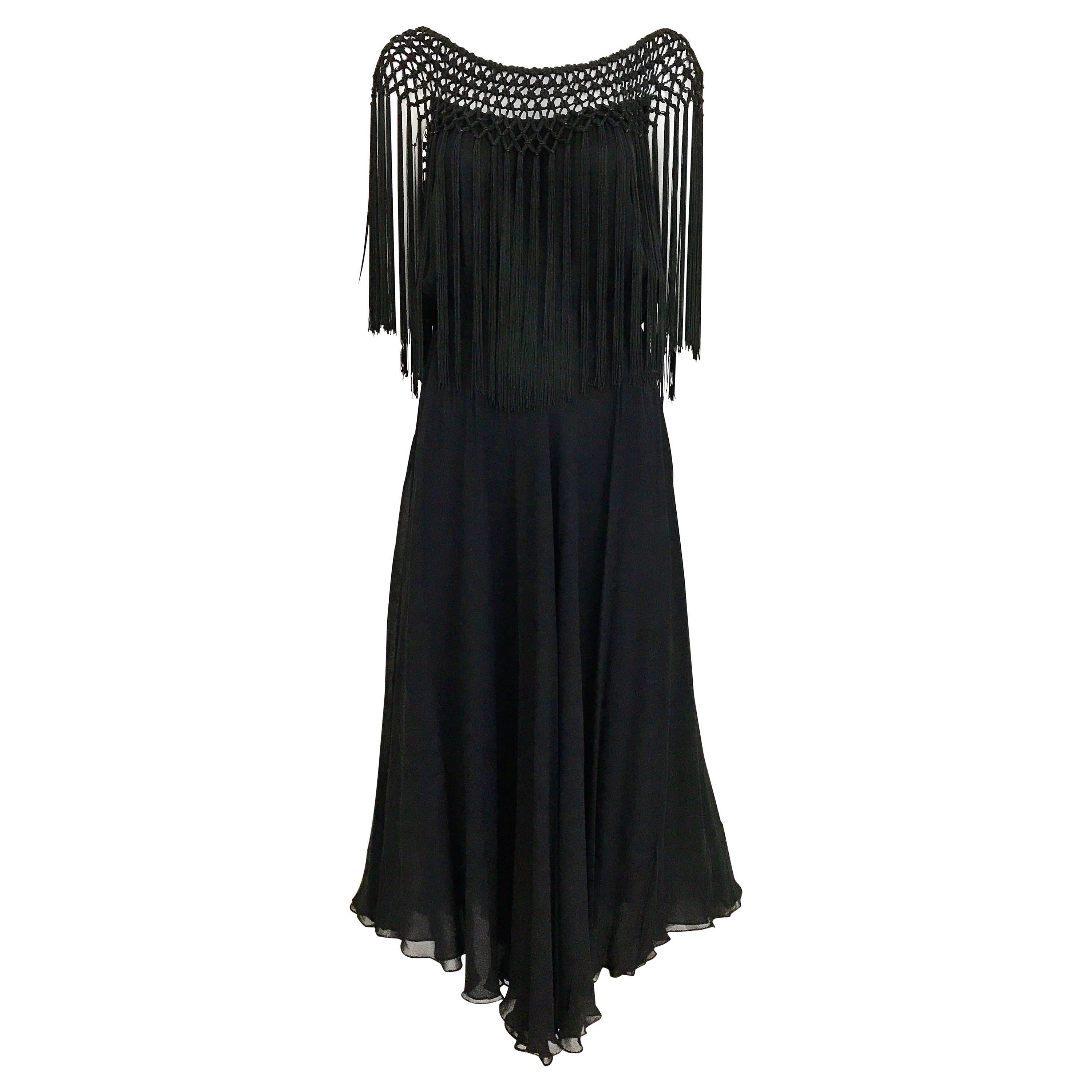 1970s Black Silk Macrame Fringe Cocktail Dress For Sale