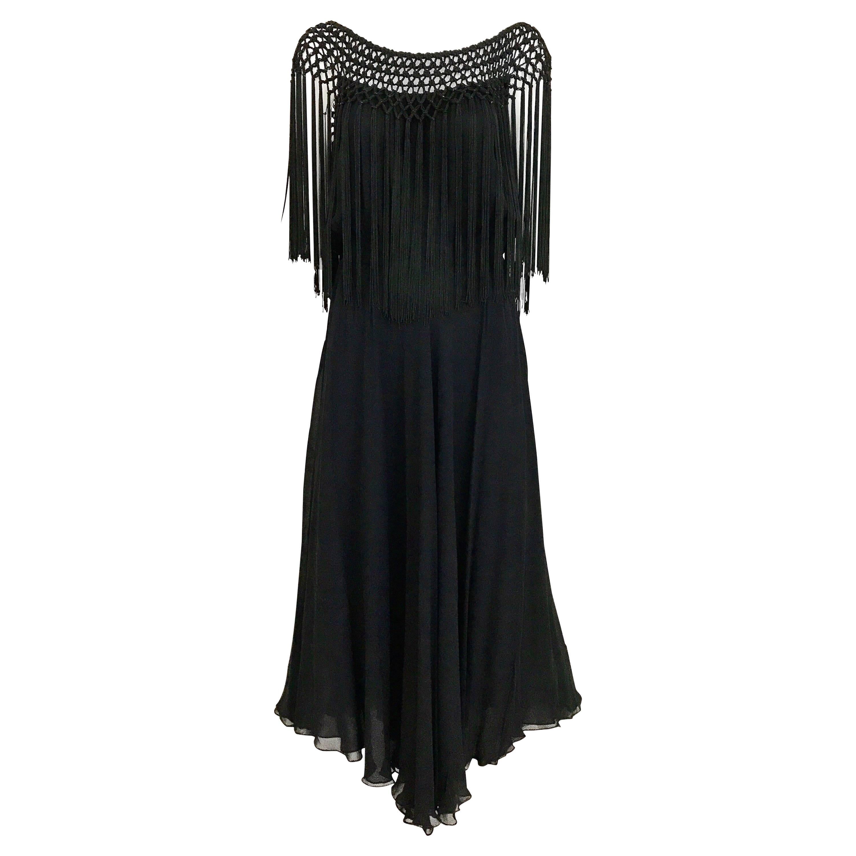  1970s Black Silk Macrame Fringe Cocktail Dress