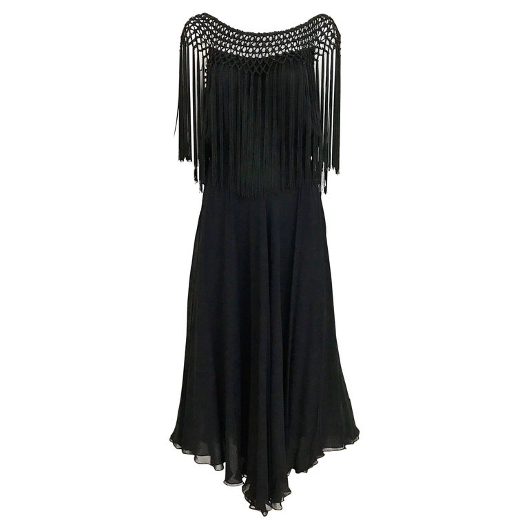 1970s Black Silk Macrame Fringe Cocktail Dress