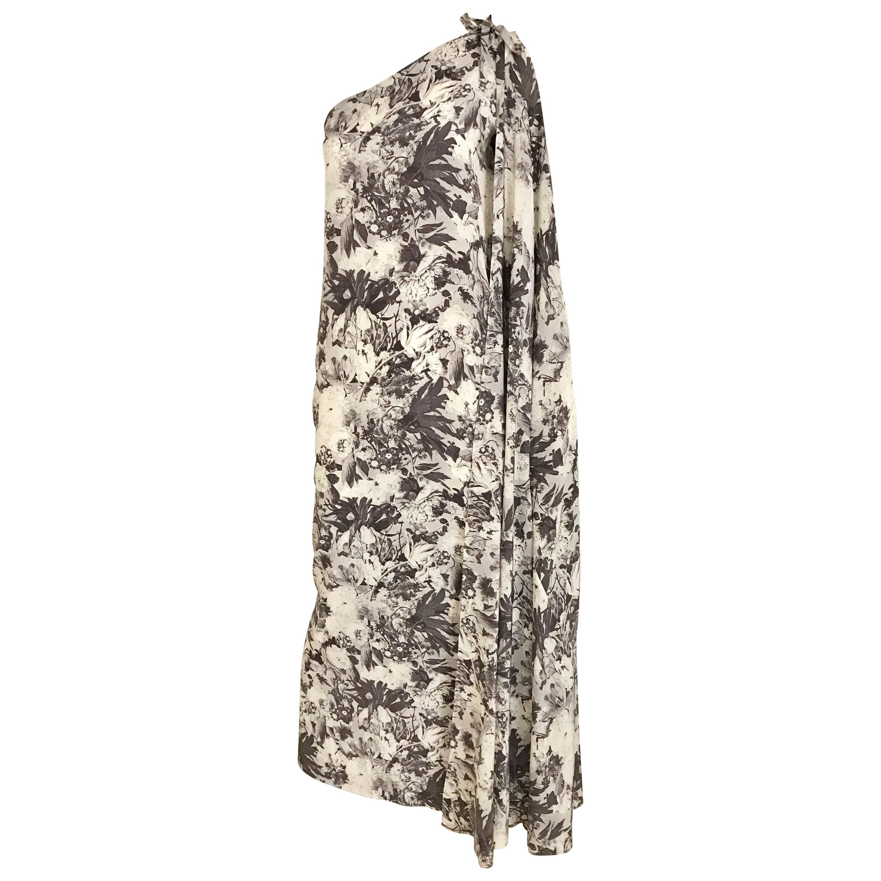 Jean Patou Grey Floral Print One Shoulder Silk Dress, 1970s 