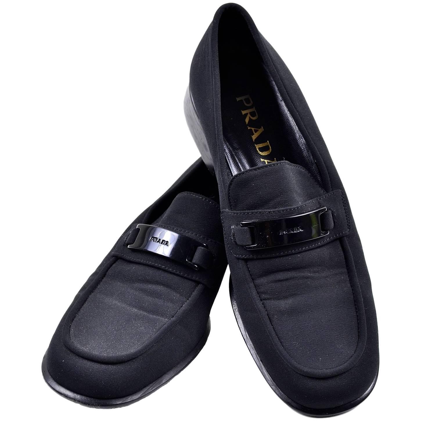 Prada Vintage 1990s Shoes Black Fabric Loafers Size 38