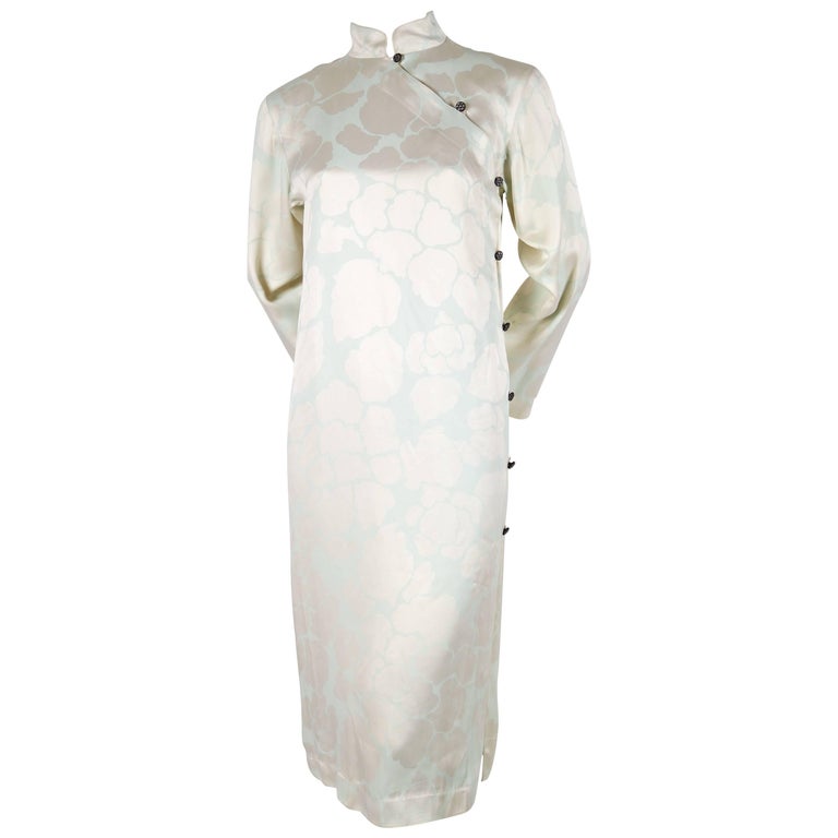 1970's YVES SAINT LAURENT eau de nil printed silk Cheongsam dress at