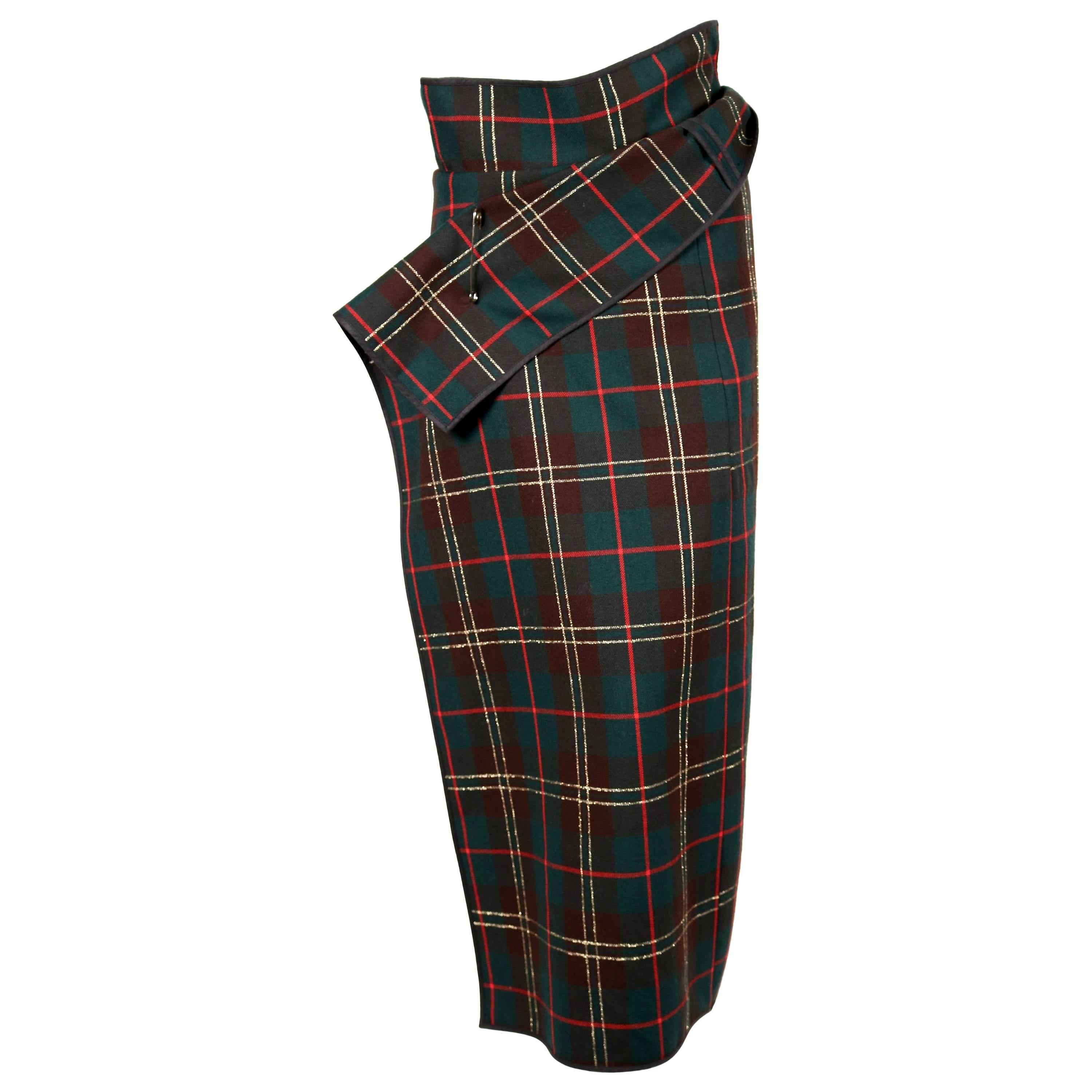1999 COMME DES GARCONS tartan wool & lurex wrap skirt with safety pin