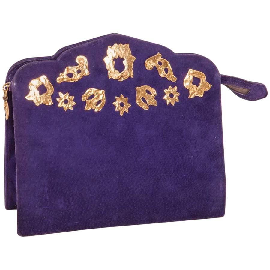 Vintage YVES SAINT LAURENT Clutch Bag in Purple Velvet Calfskin