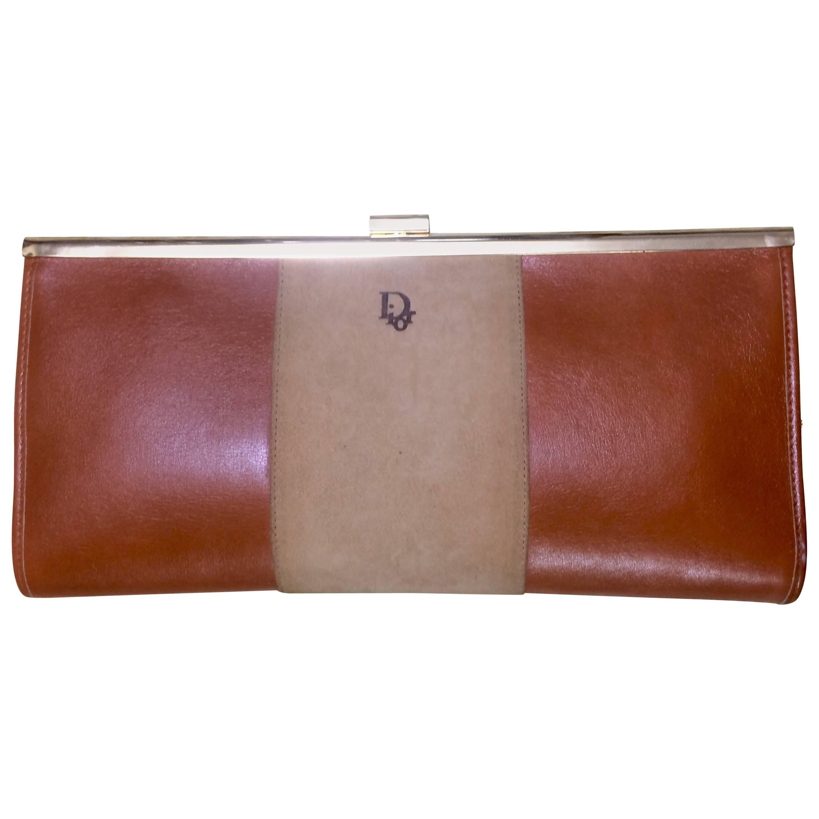 Vintage Christian Dior beige suede and tanned brown leather clutch purse For Sale