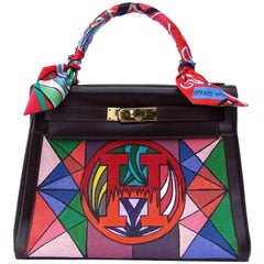 Hermes Kelly Bag Painted Canvas Toile Brown Box Leather GHW Unique Piece