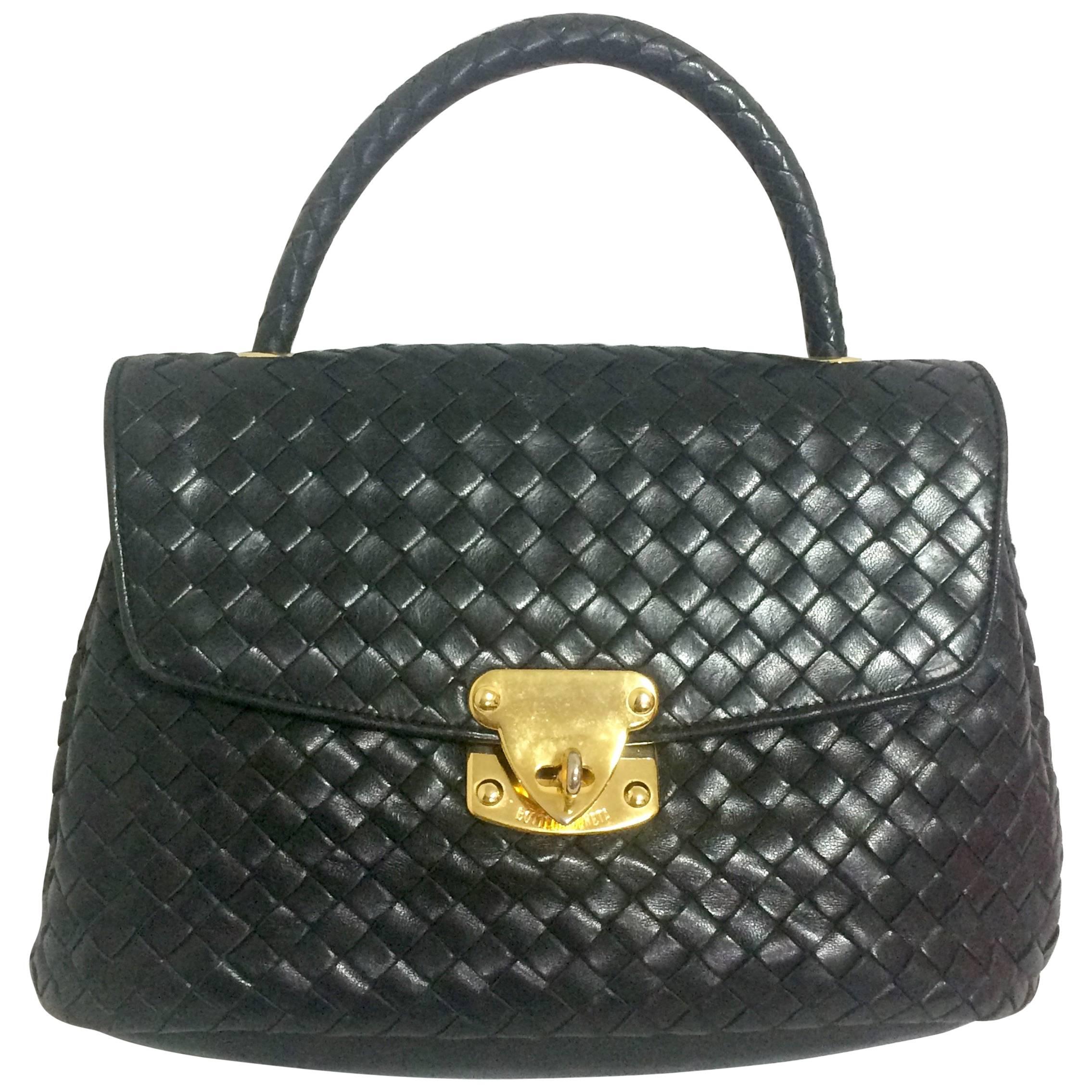 Vintage Bottega Veneta classic black lamb leather intrecciato handbag. 
