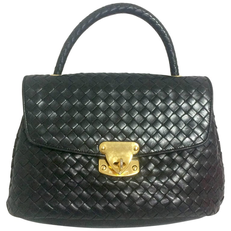 Vintage Bottega Veneta classic black lamb leather intrecciato handbag ...