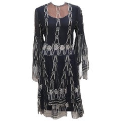 Retro Fab 1970's Zandra Rhodes Hand Painted Black & Silver Silk Chiffon Dress