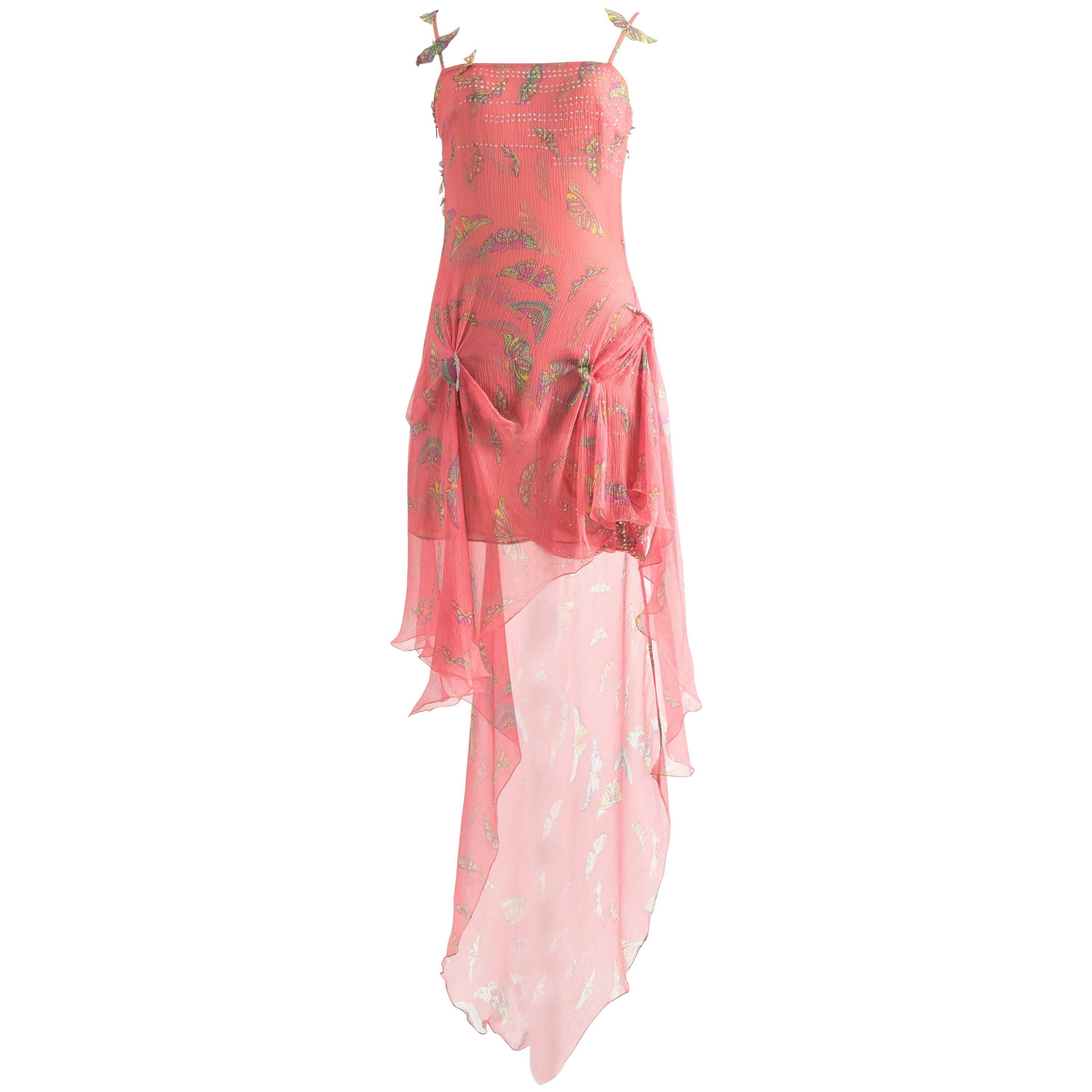 Gianni Versace Autumn-Winter 1999 pink silk chiffon butterfly mini dress 