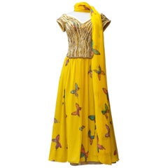 Hanae Mori Haute Couture yellow silk long evening dress with butterflies