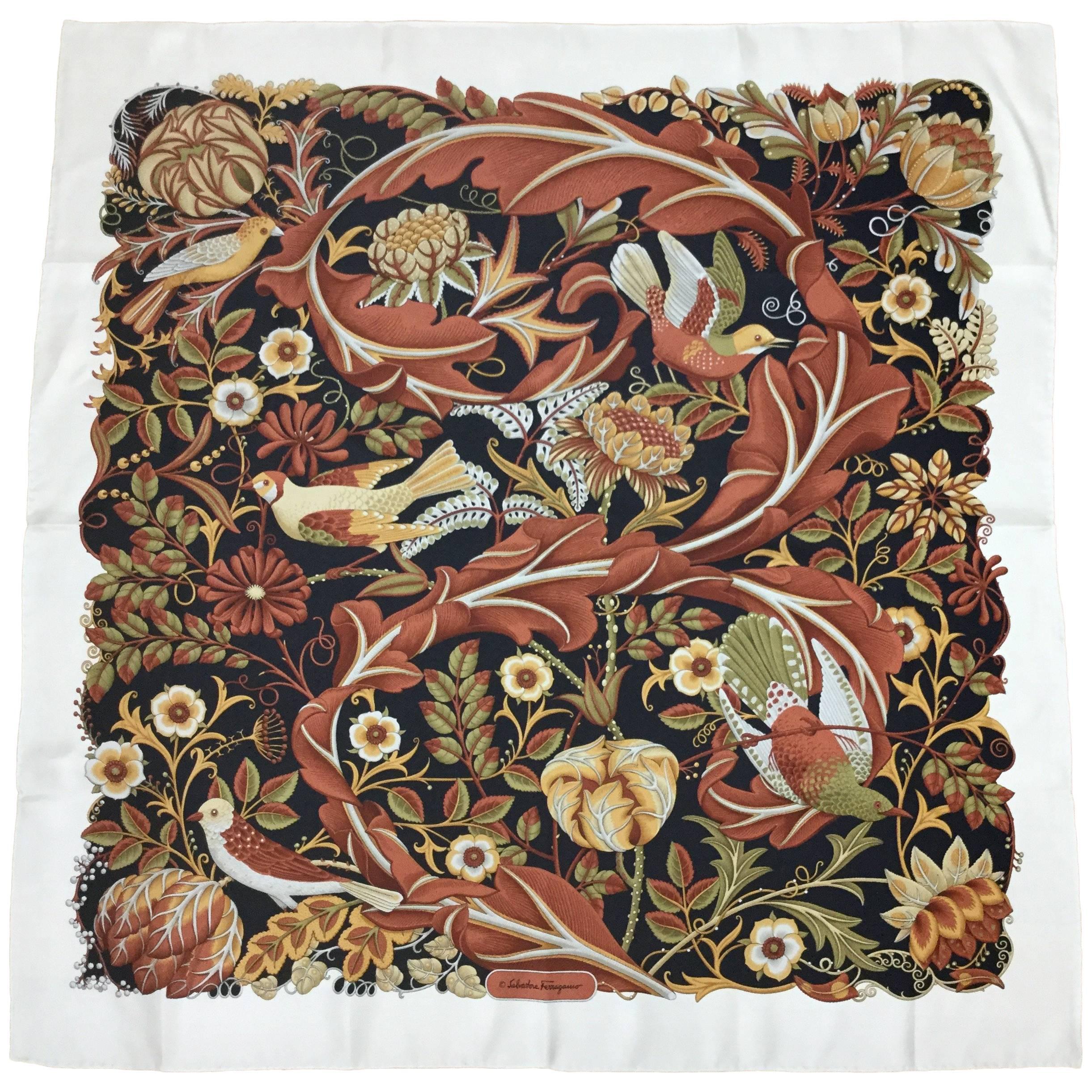 Ferragamo Bird Themed Silk Twill Scarf. Rich Autumn/Winter Palette. 1980's.