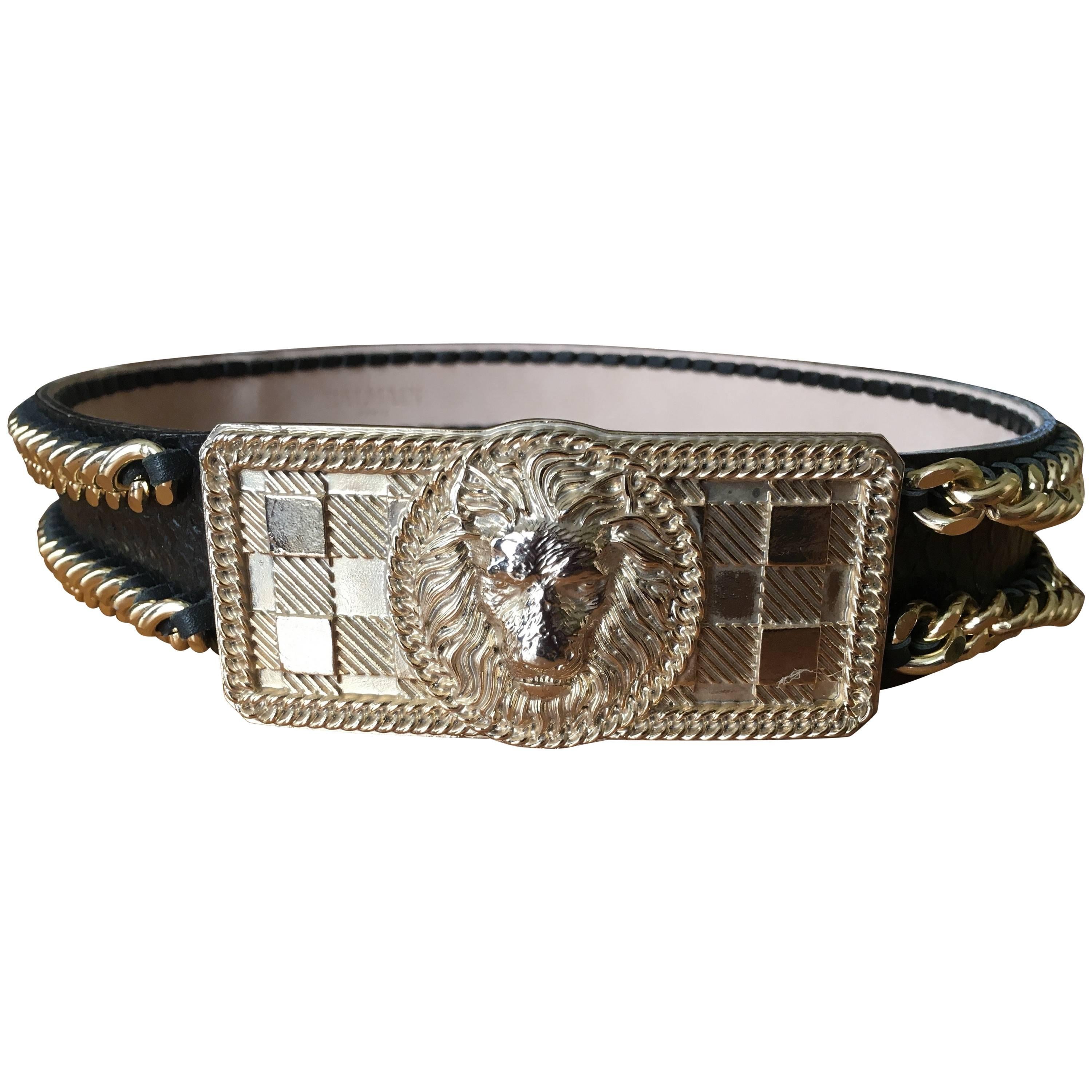 Balmain Black Gold Chain Accented Belt with Lion Head Buckle For Sale
